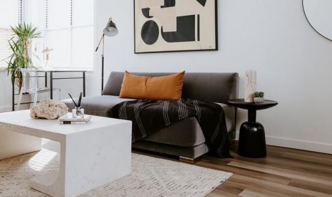 a living room with a couch and a coffee table